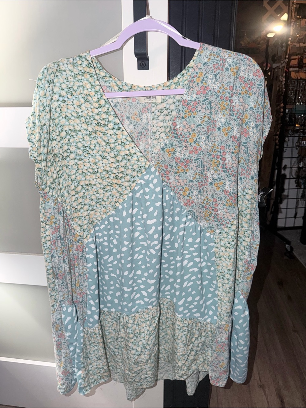 Umgee Light Sage Patchwork Floral & Dot V-Neck Tunic